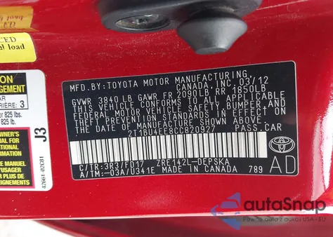 2012 Toyota Corolla S z USA, uszkodzony, nr VIN 2T1BU4EE8CC820927